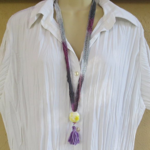 New Boho Purple Fiber Yellow Ceramic Hand Crafted Bead Tassel Necklace - Picture 2 of 8